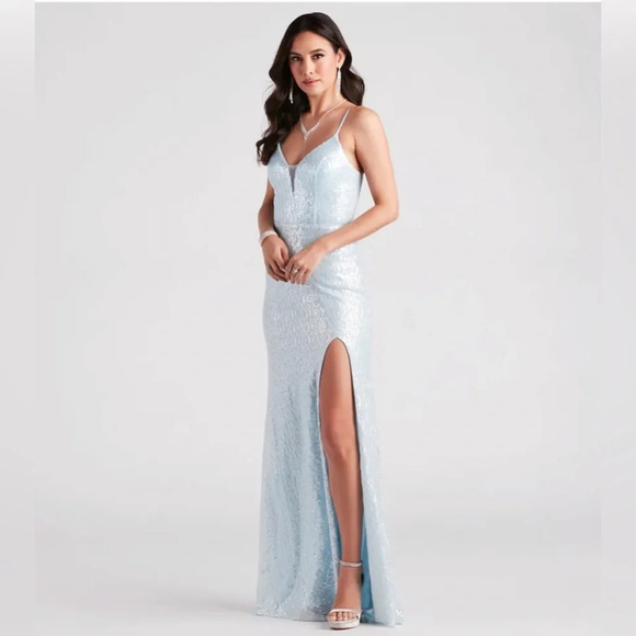 Windsor Lizza Formal Sequin Slit Long Dress in Light Blue Prom Bridesmaid - Picture 1 of 13